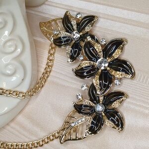Flower Statement Necklace Black Enamel Rhinestones Crystals 20" Matinee